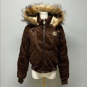 Rocawear Y2K Brown Puffer Jacket Down Fill Fur Hood 2000s Streetwear Size Small